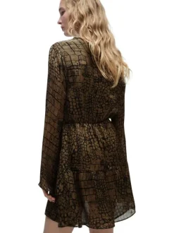 Robe courte brune à imprimé reptile ample et fluide à col v et manches longues