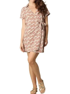 Robe courte cache-coeur rouille imprimée avec un col v décolleté à revers