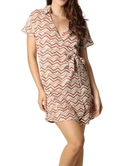 Robe courte cache-coeur rouille imprimée avec un col v décolleté à revers