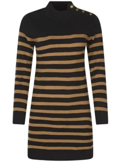 Robe courte camel unie avec des bandes en noir et une coupe droite à col montant