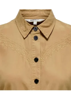 Robe courte camel unie coupe droite col français et sans manches
