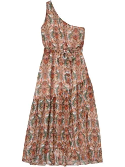 Robe courte chocolat imprimée coupe droite col asymétrique et sans manches
