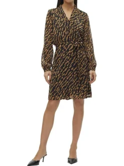 Robe courte chocolat zébrée avec une coupe droite fluide et un col cache-coeur