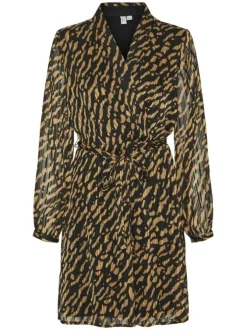 Robe courte chocolat zébrée avec une coupe droite fluide et un col cache-coeur