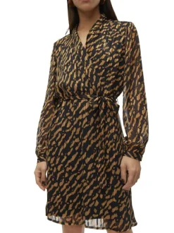 Robe courte chocolat zébrée avec une coupe droite fluide et un col cache-coeur