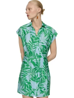 Robe courte ciel imprimé feuilles avec col v à revers et coupe cache-coeur