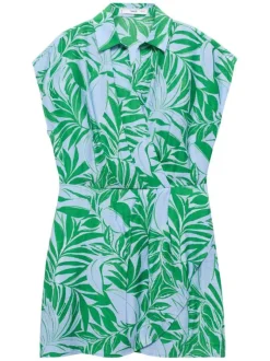 Robe courte ciel imprimé feuilles avec col v à revers et coupe cache-coeur