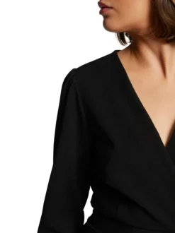 Robe courte croisée noire unie à coupe ajustée avec col v et manches longues