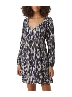 Robe courte écrue mouchetée à coupe ajustée col v et à manches courtes
