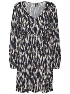 Robe courte écrue mouchetée à coupe ajustée col v et à manches courtes