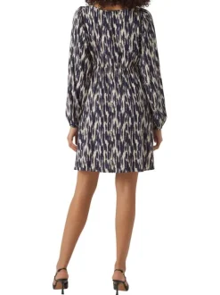 Robe courte écrue mouchetée à coupe ajustée col v et à manches courtes