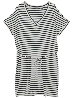 Robe courte écrue à rayures bleues marine avec un col v et un lien à la taille
