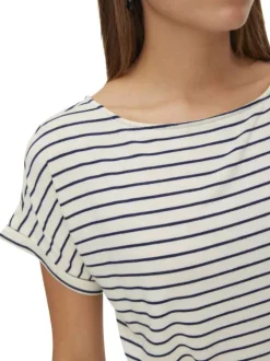 Robe courte écrue à rayures coupe cintrée pourvue d'un col rond
