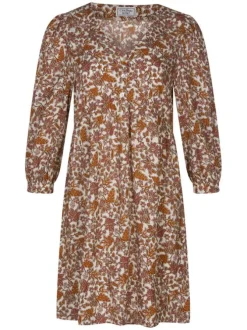 Robe courte Damae écrue fleurie à coupe ajustée col v et à manches longues