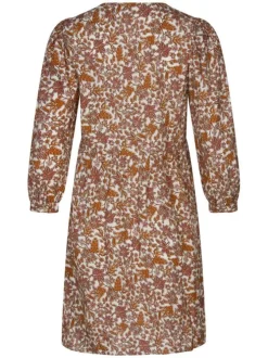 Robe courte Damae écrue fleurie à coupe ajustée col v et à manches longues