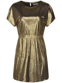 Robe courte dorée avec une coupe droite un col rond et des manches courtes