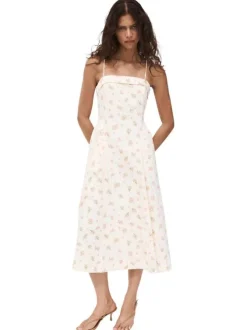 Robe courte en coton beige à motifs pourvue d'une coupe évasée