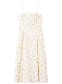 Robe courte en coton beige à motifs pourvue d'une coupe évasée