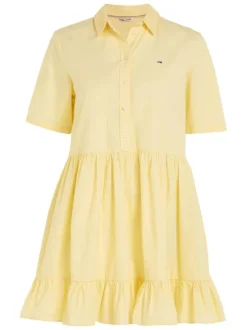 Robe courte en coton biologique jaune unie à coupe babydoll et col italien