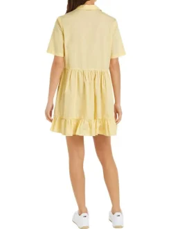 Robe courte en coton biologique jaune unie à coupe babydoll et col italien