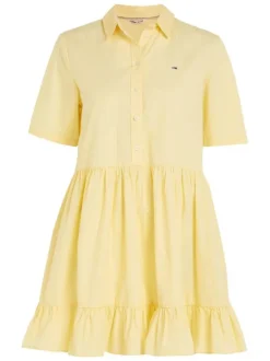 Robe courte en coton biologique jaune unie à coupe babydoll et col italien
