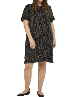 Robe courte en coton biologique noir et kaki zébrée pourvue d'un col rond