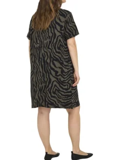 Robe courte en coton biologique noir et kaki zébrée pourvue d'un col rond