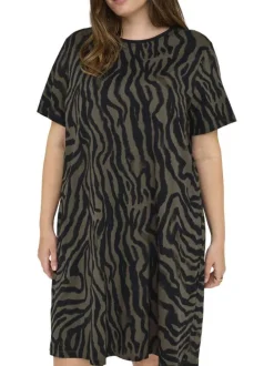 Robe courte en coton biologique noir et kaki zébrée pourvue d'un col rond