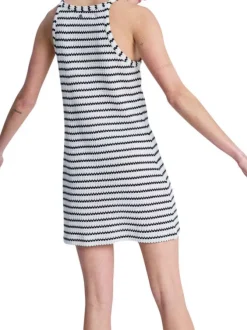 Robe courte en coton blanche et noire à coupe droite pourvue d'un col rond