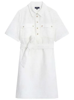 Robe courte en coton blanche pourvue d'un col à revers et de manches courtes