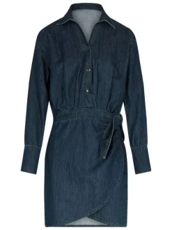 Robe courte en coton bleue pourvue d'un col à revers et de manches longues