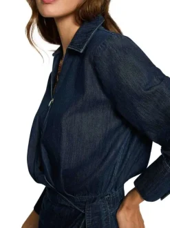 Robe courte en coton bleue pourvue d'un col à revers et de manches longues