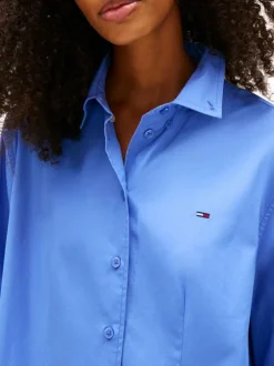 Robe courte en coton bleue unie avec une coupe trapèze et un col à revers