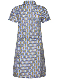 Robe courte en coton bleu imprimée avec une fermeture boutonnée