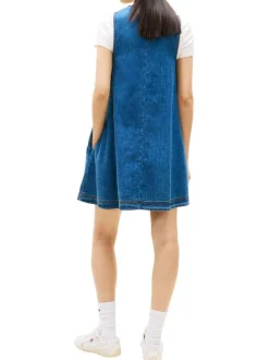 Robe courte en coton indigo unie avec une coupe trapèze et un col rond