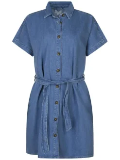 Robe courte en coton jean unie avec une coupe droite et un col français