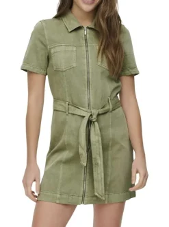 Robe courte en coton kaki unie pourvue d'une coupe cintrée et d'un col chemise