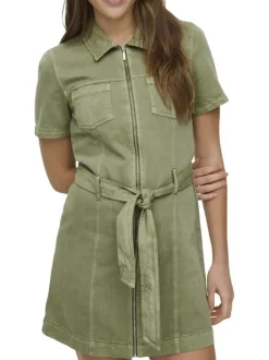 Robe courte en coton kaki unie pourvue d'une coupe cintrée et d'un col chemise