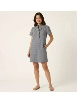 Robe courte en coton marine imprimée pourvue d'une coupe droite