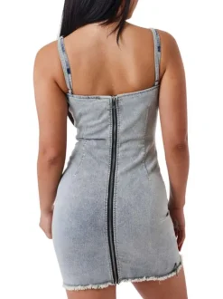 Robe courte en coton mélangé bleu jean uni avec une coupe moulante