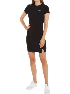 Robe courte en coton mélangé noire coupe près du corps et col rond