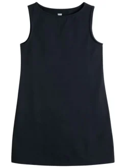 Robe courte en coton mélangé noire uni avec une coupe droite et un col rond