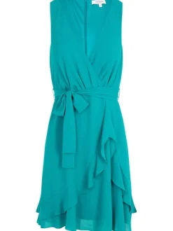 Robe courte en coton mélangé turquoise unie à coupe cintrée, col v et volants