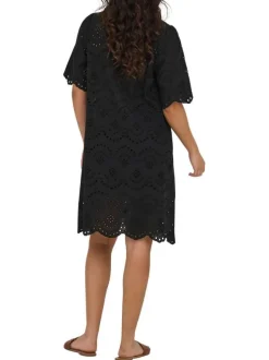 Robe courte en coton noire unie pourvue de broderie anglaise