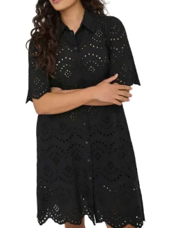 Robe courte en coton noire unie pourvue de broderie anglaise