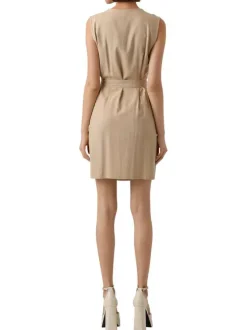Robe courte en lin (en partie) beige unie avec une coupe droite et un col v