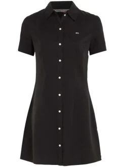 Robe courte en lin mélangé noire unie avec une coupe ajustée et un col italien