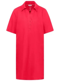 Robe courte en lin rouge unie pourvue de manches courtes et d'un col polo