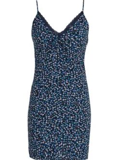 Robe courte à fines bretelles Ditsy marine fleurie à coupe moulante et col v