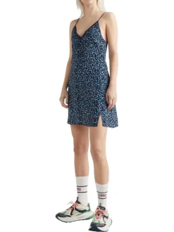 Robe courte à fines bretelles Ditsy marine fleurie à coupe moulante et col v